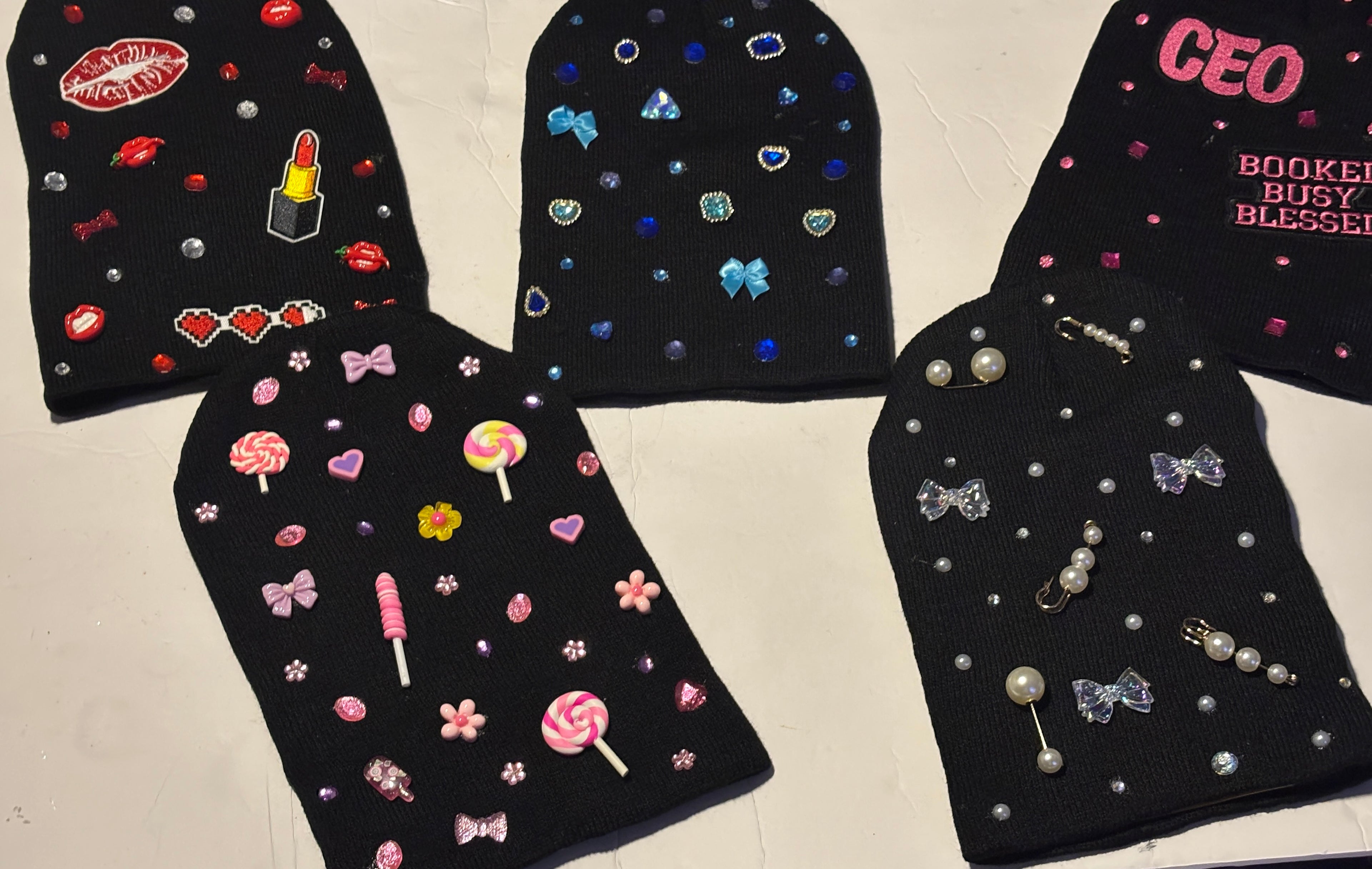 CUSTOM Hand-Embellished Patch and Bling Beanies